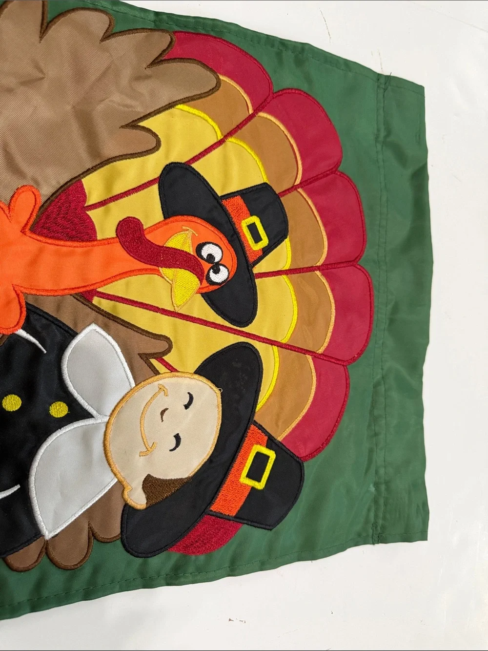 Happy Thanksgiving Garden Flag - Green Background with Orange Pumpkins